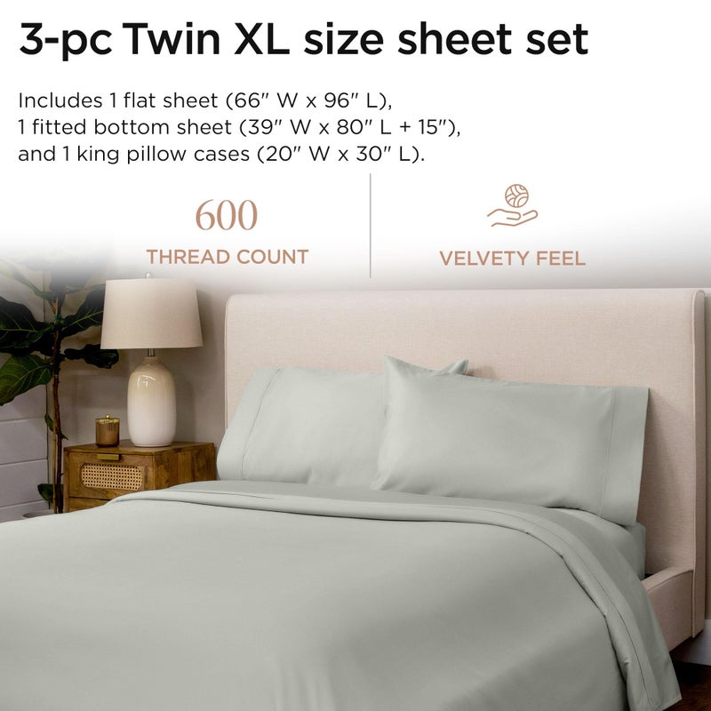Threadmill 100% Cotton Sheets for Twin XL Size Bed - 600 Thread Count Twin XL Bed Sheets Set with 15â€ Deep Pocket - Sateen Weave 3-Piece Bedding Set with Cooling Effect, Light Grey - Image 2